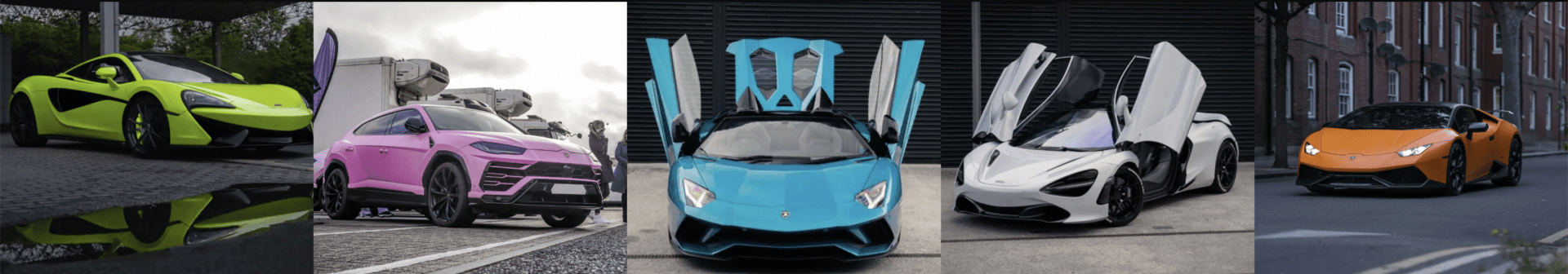 Colorful luxury sports cars in various settings.